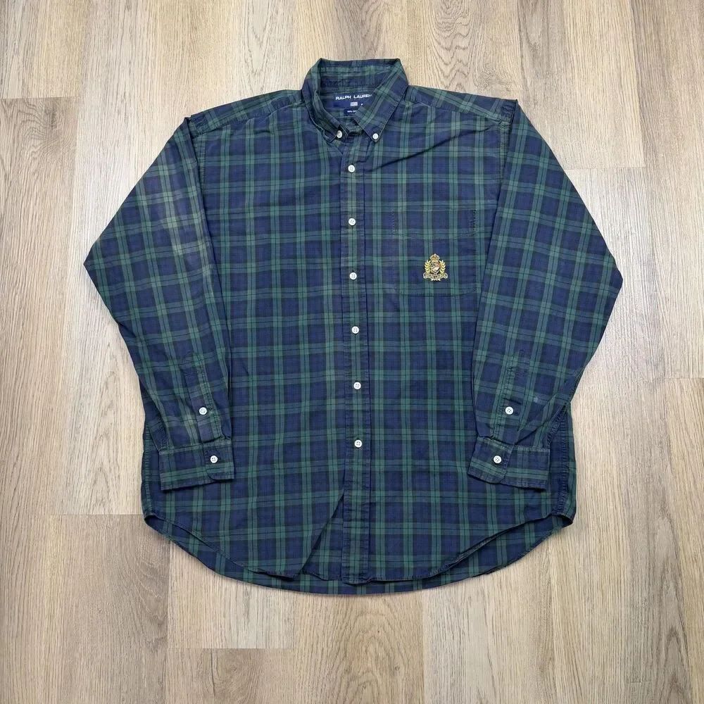 Ralph Lauren Shirt Mens Large Green Tartan Plaid Long Sleeve Button Down Crest